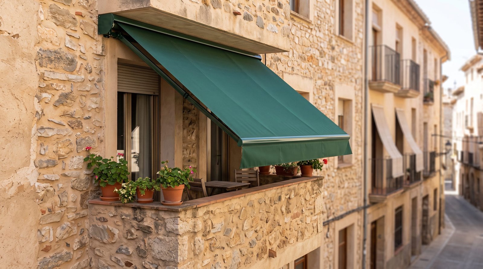 Toldo verde sobre pared de muro de vivienda particular