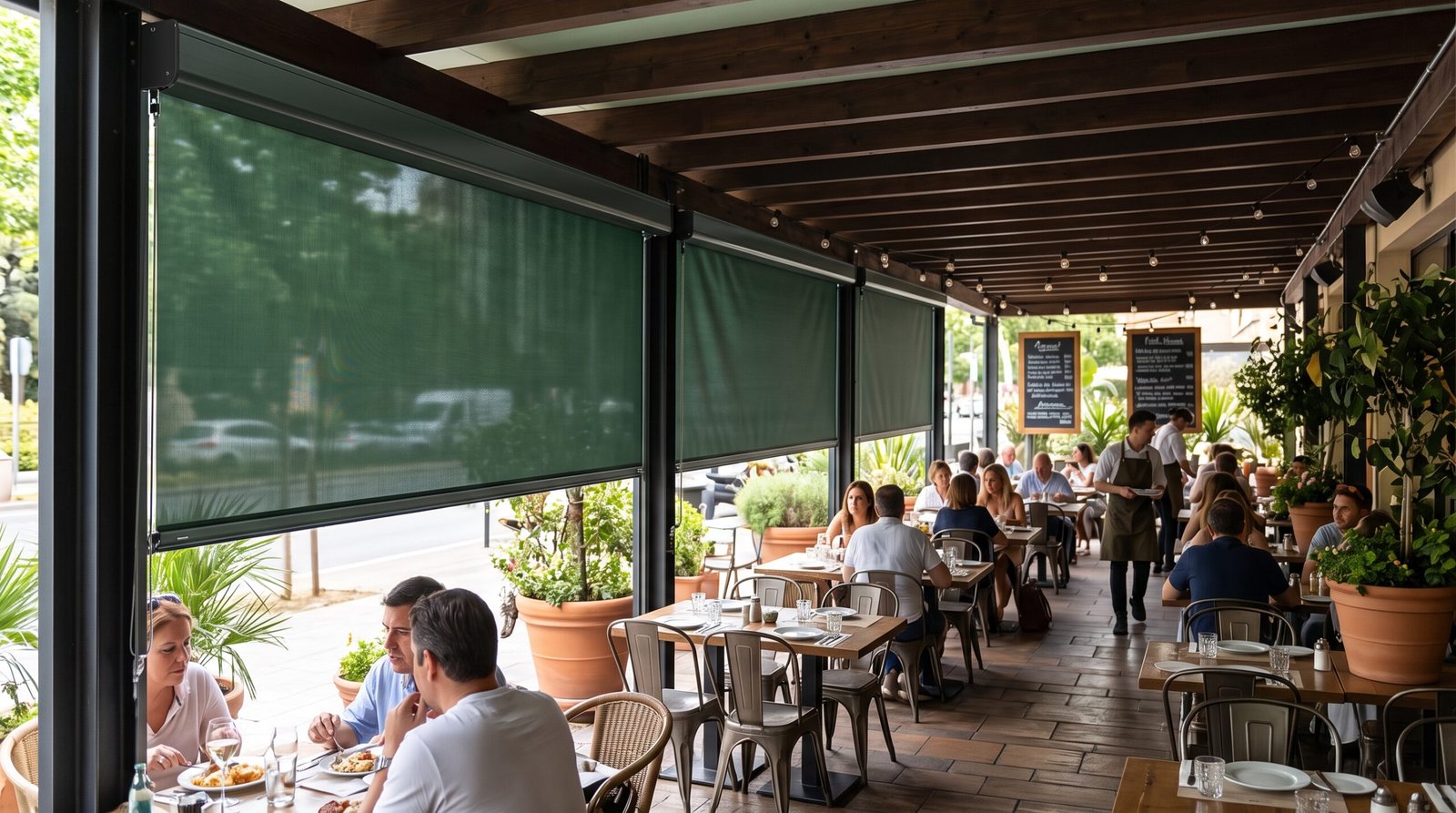 Toldo vertical en terraza de bar Caballol