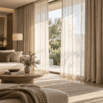 Cortines de teixit dens instal·lades al costat d'una finestra